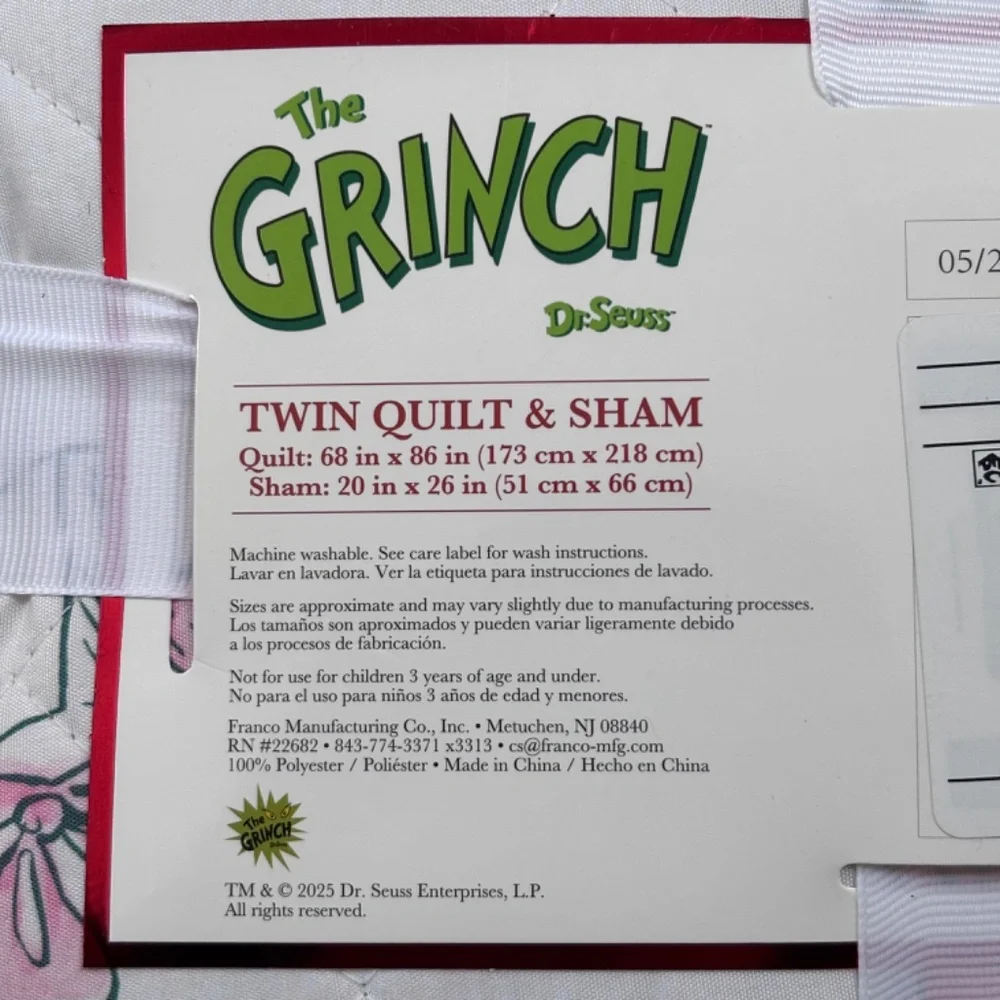 Dr. Seuss The Grinch Kids Twin Bed Quilt & Sham Set Christmas Holiday NWT